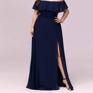 Ever Pretty Women's Plus Size Chifon Off Shoulder, Slide Split Navy Blue Dress